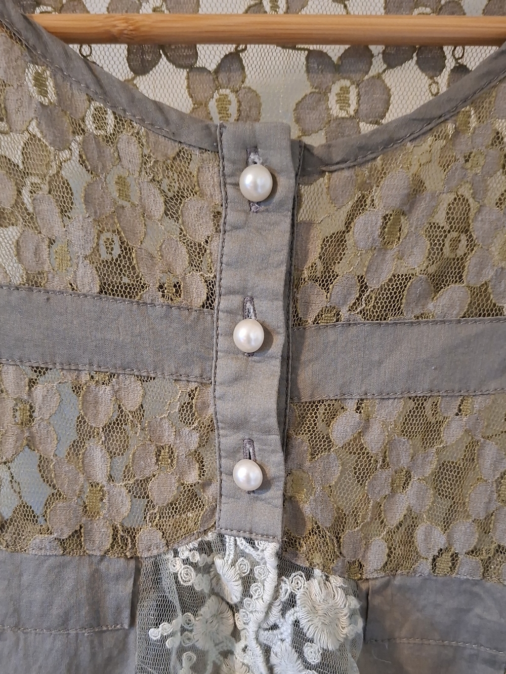 Olive Green Lace, Ruffle-trim, 100% Cotton Sheer Pearl-button Cardi (Size XS/S) - Picture 2 of 7
